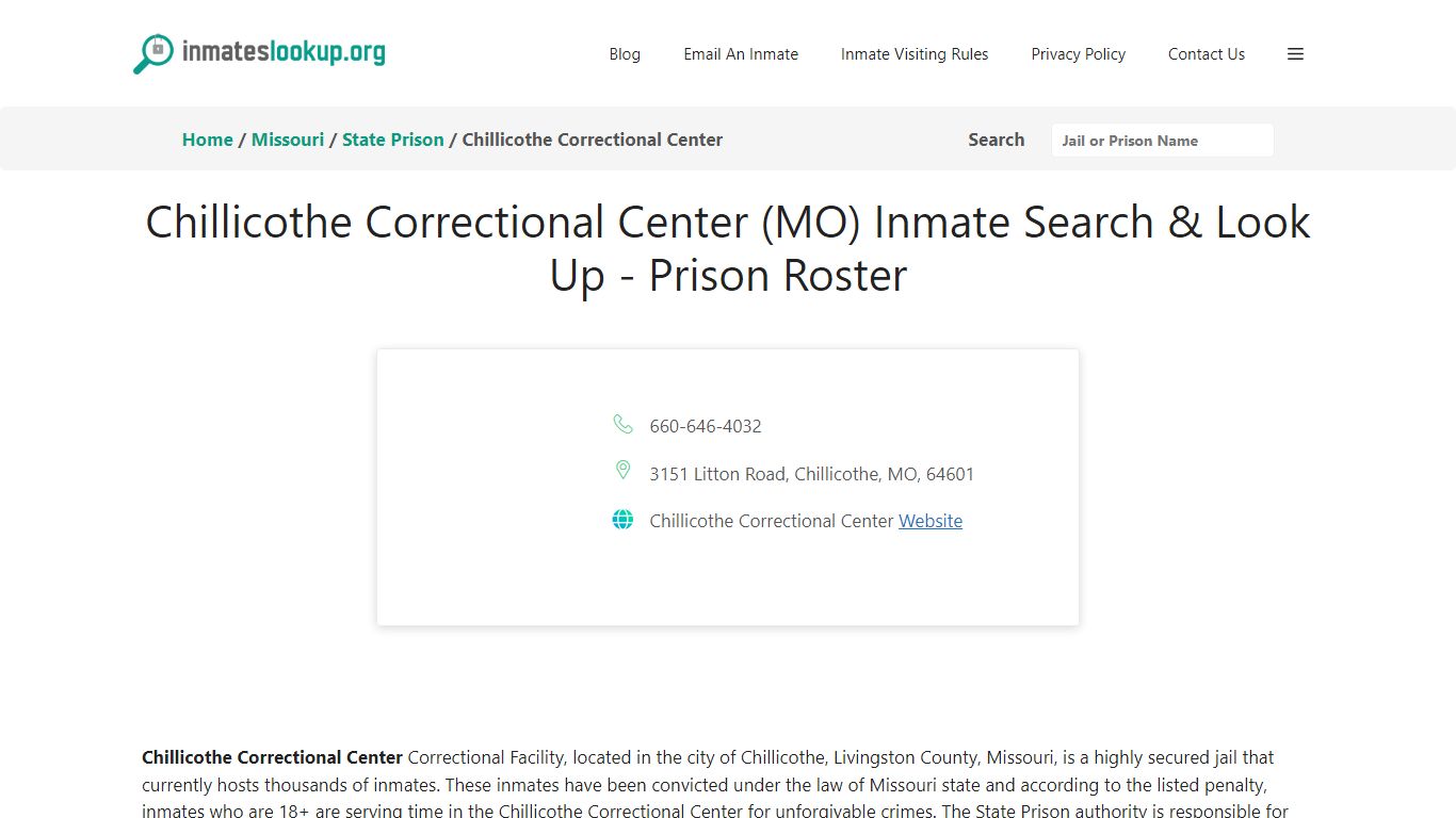 Chillicothe Correctional Center (MO) Inmate Search & Look Up - Prison ...